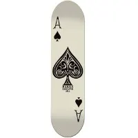 Toy Machine Marks Aces II skateboard deck: Ace of spades playing card on a cream deck, with an ornate black spade at the centre, 'A' and a small spade at opposing corners and tiny maker text beneath the spade.
