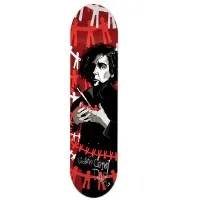 Foundation Duffel Not Dark skateboard deck: A black-clad dark-haired man holding a pair of scissors, surrounded by a chain of red and white paper cut-out people, on a red background. Handwritten rider name near the tail.
