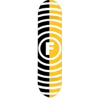 Foundation Vertigo Split Pirate skateboard deck: Concentric horizontal ring stripes radiating around a central circled F logo, split down the middle so the left half is black and white and the right half is yellow and white.