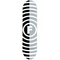 Foundation Vertigo Split Raider skateboard deck: Concentric horizontal ring stripes radiating around a central circled F logo, split down the middle so the left half is black and white and the right half is grey and white.