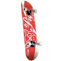 Pig Ride Complete skateboard deck: Red and white complete board with a large script 'Pig' logo, in the style of a cola can, above a white outlined pig-head logo, with 'Ride' in script at the bottom.