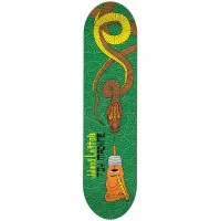 Toy Machine Layton Neofolk skateboard deck: A brown and yellow snake coils down the deck over a green pattern of concentric waves, its head lowered towards an orange seated monk-like figure holding a flute. Rider name and Toy Machine lettering appear in the centre.