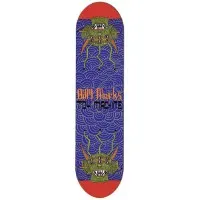 Toy Machine Marks Neofolk skateboard deck: Mirrored pair of green demon or insect creatures with orange horns and dangling legs at each end, over a blue deck patterned with concentric waves and red-orange ends. Rider name and Toy Machine lettering sit in the middle in orange and black.
