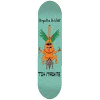 Toy Machine Bucchieri Neofolk skateboard deck: Orange upside-down winged figure with a third eye, green wings and a lolling red tongue, holding small items, above a small grey spiked emblem. It sits on a pale turquoise wave-patterned deck, with Diego the Butcher at the top and TOY MACHINE below.