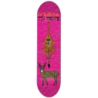 Toy Machine Templeton Neofolk skateboard deck: Hot pink deck with a pattern of swirling waves. An orange figure hangs upside down from a spear above a green spotted deer; orange and black lettering at the top gives the rider and brand name.