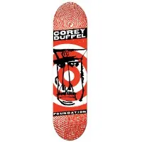 Foundation Duffel Fought The Law skateboard deck: Rough black-ink drawing of a scowling man in a peaked cap over a red and white bullseye target, with fingerprint patterns at both ends. Corey Duffel above and Foundation below on black bars.