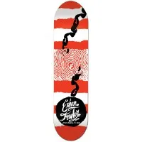 Foundation Fowler Fought The Law skateboard deck: Red and white torn horizontal stripes with a red fingerprint at the centre and a black chain running down the deck to a black ball bearing handwritten script (Ethan Fowler, Foundation).