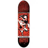 Foundation Nguyen Fought The Law skateboard deck: Red, black and white print of a leaping police dog with a radiating burst behind it, a fingerprint at the top and Foundation and Don Thenume labels, with NGUYEN in large letters at the bottom.