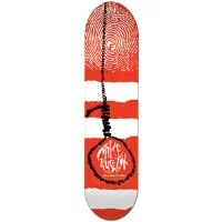 Foundation Rusczyk Fought The Law skateboard deck: Red and white torn stripes with a red fingerprint at the top and a black hangman's noose hanging down to a handwritten name, Mike Rusczyk, with Foundation small text.