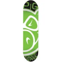 Pig Wheels Stamp PP skateboard deck: Oversized Pig head logo cropped across the deck, with white outlined eyes and nose shapes on bright green, and black panels at nose and tail carrying cut-off lettering.