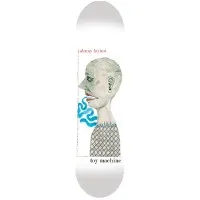 Toy Machine Layton Head skateboard deck: Side-profile painted head of a pale green-grey man with a blue squiggly shape coming from his mouth, in a boxed dotted frame on a white deck. Small red rider name above and Toy Machine logo below.