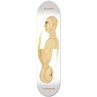 Toy Machine Stephens Head skateboard deck: Muted tan painted figure shown in profile with a bald head, then repeated upside down below as a mirrored reflection, on a white deck. Small red brand and rider text at top and bottom.