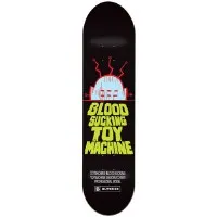Toy Machine Butcher Movie skateboard deck: Cartoon red-and-blue robot head with lightning bolts above, over large lime green horror-style lettering reading Blood Sucking Toy Machine, with small credit text below, on black.