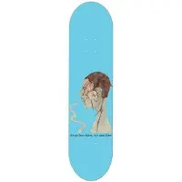Toy Machine Butcher Head skateboard deck: Painted profile of a bleeding bald head with exposed skin and a wisp of smoke from the mouth, on a plain sky blue deck, with a small line of text beneath.