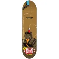 Toy Machine Marks Billy's Balls skateboard deck: Top-down cartoon of a trick shot in which a ball bounces off a shelf into a red cup on a barrel, with dotted trajectory lines and a trapdoor with an orange arm below. A red and yellow Billy's Balls logo is at the bottom.
