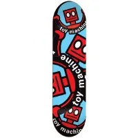 Toy Machine Robot Collage Black skateboard deck: Repeating collage of red square-headed robot characters and curved toy machine lettering in white, cropped at different angles over a light blue and black background.
