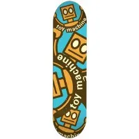 Toy Machine Robot Collage Brown skateboard deck: Repeating collage of square-headed robot characters and curved toy machine lettering in cream, cropped at different angles over a light blue and brown background.