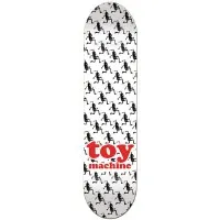 Toy Machine Runner White PP skateboard deck: Repeating pattern of small black running skeleton figures on white in diagonal rows, with a red 'toy machine' logo in the lower half.