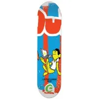 Foundation Rusczyk Odder Pops skateboard deck: Cartoon man sitting cross-legged using a laptop, against orange-red and blue painted blocks with large partial letters. Green Foundation logo at the tail. Image is low resolution.