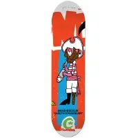 Foundation Stehr Odder Pops skateboard deck: Cartoon pirate in pink striped top and white trousers with a wooden leg, beard and hat, holding a sword, against red-orange and blue painted blocks. Green Foundation logo at the tail. Low resolution.