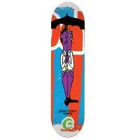 Foundation Duffel Odder Pops skateboard deck: Cartoon purple-skinned man in white shirt and purple trousers holding a black umbrella, against orange-red and blue painted blocks with large partial letters. Green Foundation logo at the tail. Low resolution.