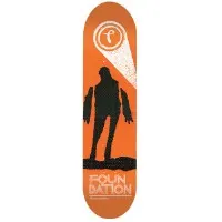 Foundation Fellers Heroes Fiberlam skateboard deck: Dark silhouette of a standing winged or caped figure on an orange background, with a Foundation 'f' emblem in a circle at top left casting a white spotlight beam. Foundation lettering at the base.
