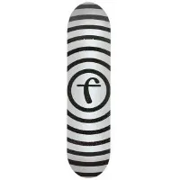 Foundation Vertigo Silver Fiberlam skateboard deck: Black concentric rings radiating from a central circle containing the Foundation 'f' logo, on a silver-white deck.