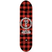 Foundation Fellers Lumberjack skateboard deck: Red and black lumberjack buffalo check pattern across the whole deck, with a circular emblem around a letter F in the middle, a drawn axe head at the top and the rider name in script and block lettering below.