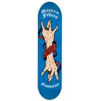 Foundation Fellers Westside skateboard deck: Illustration of a tattooed forearm and hand making a rock-on sign at both ends, wound with a red ribbon banner, on a blue patterned background with the rider name in gothic lettering at the top.