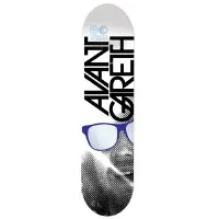 Foundation Stehr Avant Gareth skateboard deck: Halftone black and white portrait of a face wearing blue-framed sunglasses, with large stacked black block lettering reading Avant Gareth across the upper half and a small logo at the top.