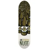 Foundation Nguyen Bender skateboard deck: Rows of olive-green bottles marked with an F label stretching up the deck, with the rider name in green lettering on a white lower section.