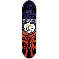 Foundation Fowler Lightning War skateboard deck: Cartoon flexed muscular arm with lightning inside a white cloud, with stars and radiating rays beneath, on a purple, black and red gradient, with the rider name in vintage lettering at the top.