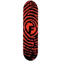 Foundation Skate Crime Red/Black skateboard deck: Large fingerprint pattern in red and black with a bold letter F in the centre.