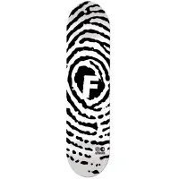 Foundation Skate Crime black/White skateboard deck: Large fingerprint pattern in black and white with a bold letter F in the centre.