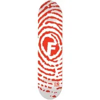 Foundation Skate Crime Red/White skateboard deck: Giant red and white fingerprint swirl covering the deck, with a bold white F letter in a red circle at its centre and a small circular logo near the tail.