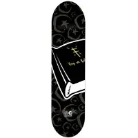 Foundation Bible Black skateboard deck: Large black book with a gold cross and handwritten gold lettering on the cover, set over a black background patterned with grey crescent moons and stars.