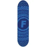 Foundation Zinester Blue PP skateboard deck: Letter F in a solid circle at the centre, surrounded by concentric rings of halftone dots, all in two shades of blue.