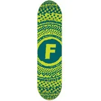 Foundation Zinester Green PP skateboard deck: Letter F in a solid circle at the centre, surrounded by concentric rings of halftone dots, all in lime and dark teal green.