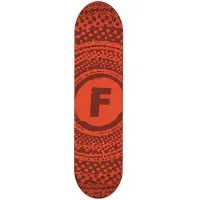 Foundation Zinester Red PP skateboard deck: Letter F in a solid circle at the centre, surrounded by concentric rings of halftone dots, all in two shades of red and orange.