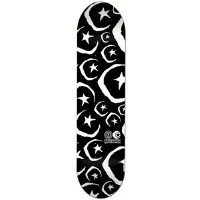 Foundation All Star & Moon Black PP skateboard deck: All-over pattern of white sketchy stars and crescent moons, some inside hexagon outlines, on black, with a small logo near the lower end.