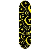 Foundation All Star & Moon Yellow PP skateboard deck: All-over pattern of yellow sketchy stars and crescent moons, some inside hexagon outlines, on black, with a small logo near the lower end.