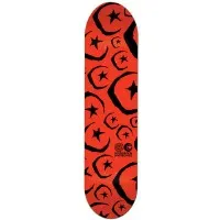 Foundation All Star & Moon Red PP skateboard deck: All-over pattern of black sketchy stars and crescent moons, some inside hexagon outlines, on red, with a small logo near the lower end.