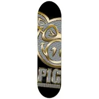 Pig Wheels Bling PP skateboard deck: Large Pig head logo in gold outline over a grey diamond-studded bling pattern, cropped off the edges, with a chunky gold-edged PIG wordmark across the bottom on a black deck.
