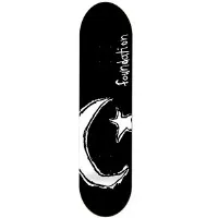 Foundation Gigantic Splendor Black skateboard deck: Black deck with a large white sketchy crescent moon and star at the lower half, and the handwritten word foundation running up the right side in white.