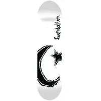 Foundation Gigantic Splendor White skateboard deck: White deck with a large black sketchy crescent moon and star at the lower half, and the handwritten word foundation running up the right side in black.