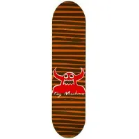 Toy Machine Stripe Monster Orange PP skateboard deck: Brown deck with wavy horizontal orange stripes. A red Toy Machine monster with horns and a jagged mouth sits in the centre above the white script Toy Machine.