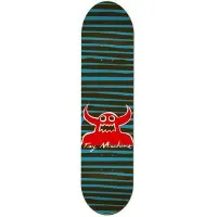 Toy Machine Stripe Monster Blue PP skateboard deck: Dark deck with wavy horizontal blue stripes. A red Toy Machine monster with horns and a jagged mouth sits in the centre above the white script Toy Machine.