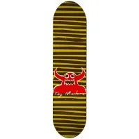 Toy Machine Stripe Monster Yellow PP skateboard deck: Dark deck with wavy horizontal yellow stripes. A red Toy Machine monster with horns and a jagged mouth sits in the centre above the white script Toy Machine.