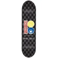 Foundation Fellers Questionable skateboard deck: Dark grey checkerboard deck with a faint pattern in the squares, a red-lettered Foundation wordmark box beside yellow concentric-circle and blue star emblems, and a script signature below.