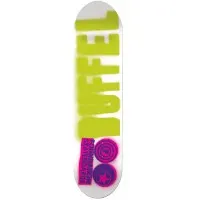 Foundation Duffel Questionable skateboard deck: White deck with huge blurred, spray-stencil style lime green lettering reading Duffel along the length and a small pink and purple Foundation logo set at the bottom.